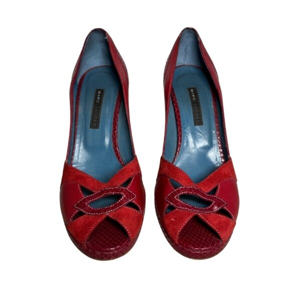 Marc Jacobs Red Leather & Suede Peep-Toe Pumps – Size 8.5 - Picture 2 of 16